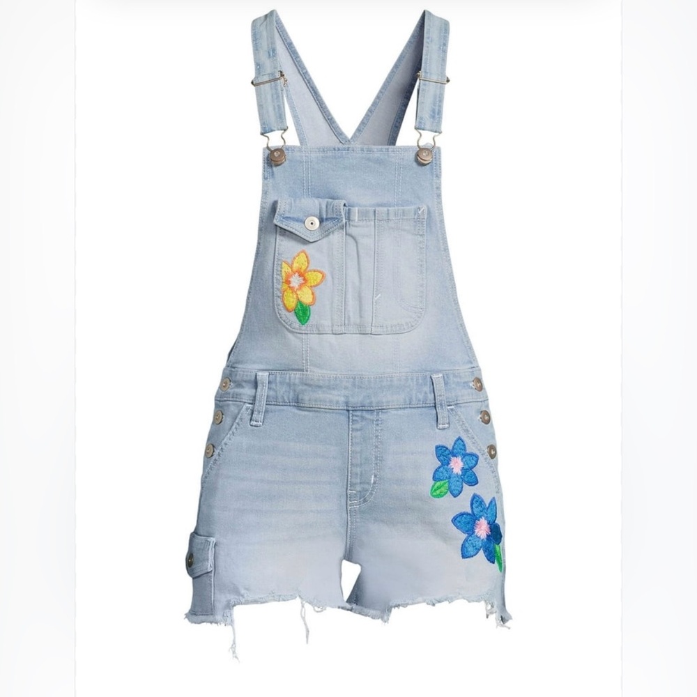 Light Blue Denim Overall Shorts with Floral Embroidery